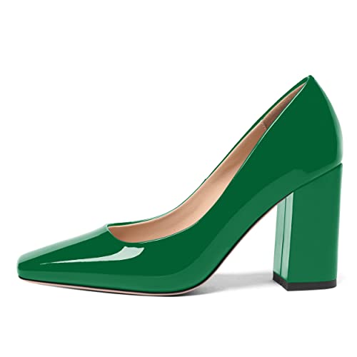 FOGEENA Womens Square Toe Slip On Sexy Patent Leather Party Block High Heel Pumps Shoes 3.34 Inch2
