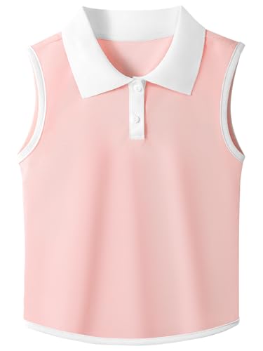 GroYolan Girls Polo Shirt Sleeveless Golf Shirts Contrast Collared Button-Up Tennis T-Shirts Quick Dry Breathable Tank Tops Pink