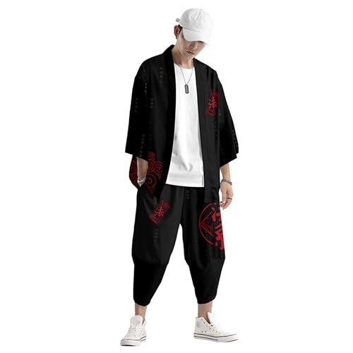 Image of DOSLAVIDA Men's Japanese Kimono Jacket Set Stylish Open Front Coat With Shorts Chinese Style Printed Cardigan Suit