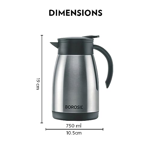 Borosil Stainless Steel 750ml Teapot with Handle | Double Wall Vacuum Insulated Thermosteel Carafe | BPA Free Jug for Tea/Coffee & Juice | 16 Hours Hot & 24 Hours Cold | 1 Year Warranty, Silver