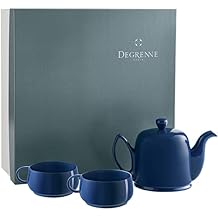 DEGRENNE Luxury French Tea Set - Porcelain Teapot Set with 2 Tea Cups, Ceramic Kettle for Loose Tea, Stainless Steel Cover, Removable Infuser - Monochrome Blue
