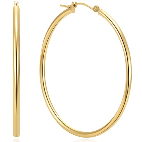 14K Gold Hoop Earrings for Women 14K Gold Earrings Classic Shiny Polished Round Big Hoop Earring for Women Hypoallergenic Womens Earring Hoops 15/20/25/35/45/55mm