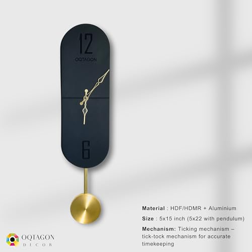 Image of OQTAGON Vertical Noir Designer Pendulum Wall Clock - Modern Slim Black Wall Clock for Living Room, Bedroom & Office | Minimalist Vertical Wall Decor