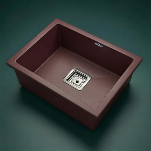 Image of ARQUIN Quartz Sink 24x18x9 Inch Brown | Single Bowl Sink | Durable & Scratch-Resistant | Undermount /Topmount Including Coupling, Waste Pipe & Fruit Washing Basket