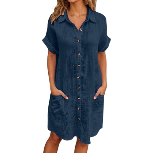 Robe Chemise été Femme Chic et Elegant Robe Boutonnée Devant Femme Décontractée Robes en Lin Col en V Casual Robes de Plage à Manches Courtes A-Line...