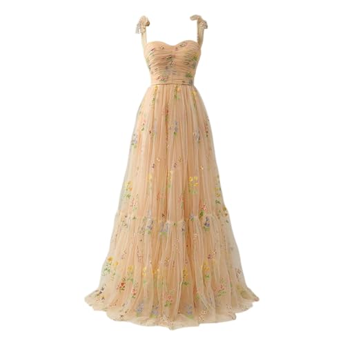 Vhersily Vestidos Dama de honor, Mujer Bordado Floral Tul Vestidos de Baile Corsé Largo Espagueti Hada Óxido Vestido de Noche Formal Vestido de Fiesta Vestidos de Primavera Cóctel Refinado, beige, M