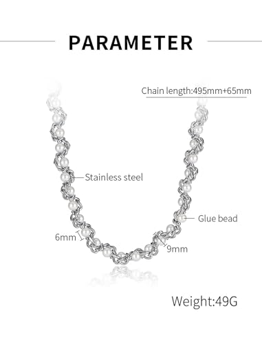 Pearl Chain Necklace for Women, Valentine's Day Mother's Day Jewelry Gifts for Her, White Silver Gold Plated Stainless Steel Link Faux Beads, Bridal Wedding Anniversary Birthday Christmas4