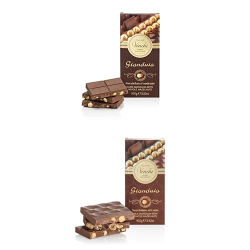 Venchi - Tableta Nocciolata Gianduia Negra con “Avellana Piamonte IGP” Entera Y Tableta de Chocolate con Avellanas y Gianduja de Chocolate con Leche, Sin Gluten, Sin Colorantes y Sin Conservantes