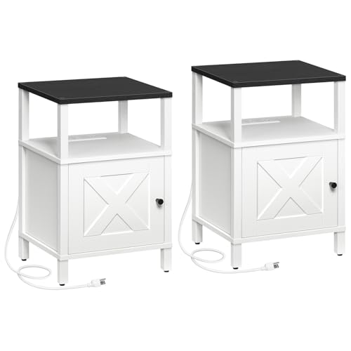 MAHANCRIS Set of 2 Farmhouse Nightstand with Charging Station, White...