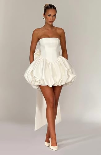 Satin Short Wedding Dress for Bride A-Line Strapless mini Bridal Gown with Bow2