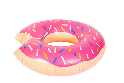 SuperFlotador Donut mordido inflable rosa para el agua. Flotador estampados para piscina y playa resistentes. Hinchables chulos para verano. Flotador Donut Cover