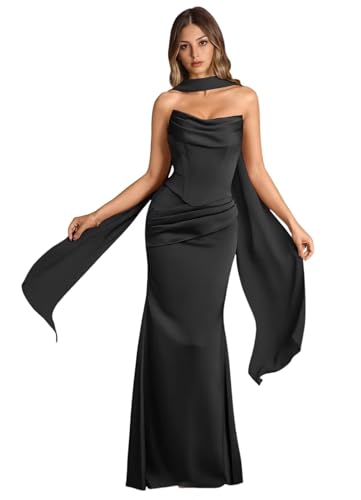 Satin Mermaid Bridesmaid Dresses Long for Women Strapless Pleated Bodycon Formal Evening Gown with Scarf 1036