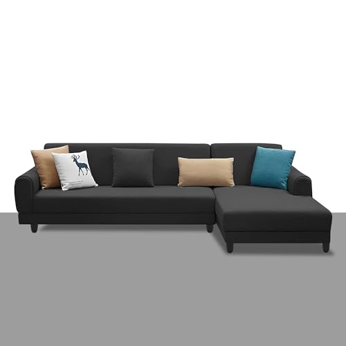 Image of Kraven RHS 6 Seater L Shape Sofa Set for Living Room (Black Fabric) Premium Fabric Sofa