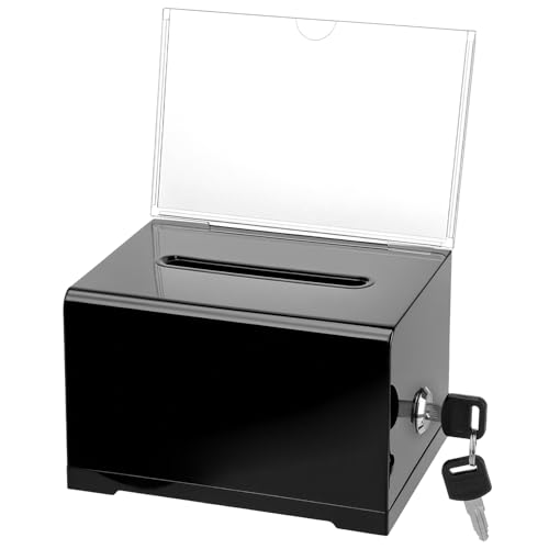 QWORK Black Acrylic Donation Box with Lock and Sign Holder 6.3 x 4.8 x 4 Inch - Secure Ballot Box Suggestion Box Tip Container for Voting Feedback and Fundraising