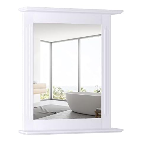 FOREHILL Bathroom Wall Mirror with Shelf and Wooden Frame Rectangle Wall Mounted Mirrors for Makeup White 50x12x60cm Cover