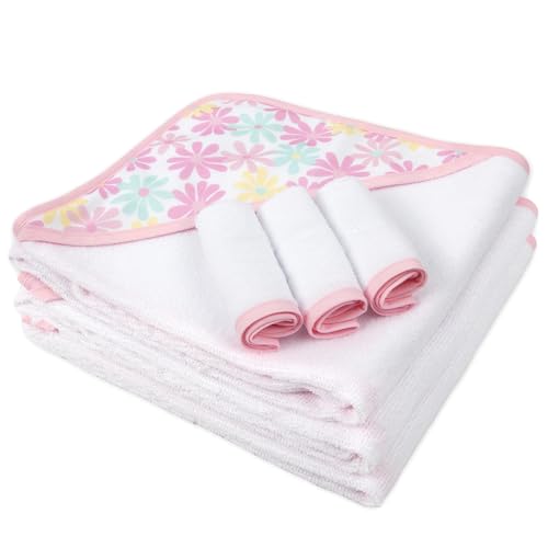 Image of Jessica Simpson Baby 6-Piece Hooded Towel & Washcloth Set - Soft Polyester Hooded Towels + Matching Washcloths (Pink Floral Multi)