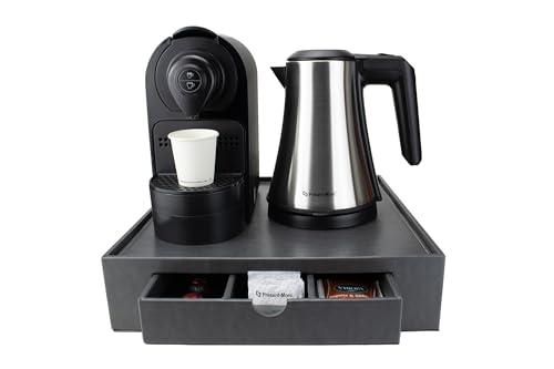 Present-More Set à thé et café noir - Set composé de plateau gris en simili cuir, bouilloire en acier inoxydable gris 0,8 l, machine à café compatible Nespresso
