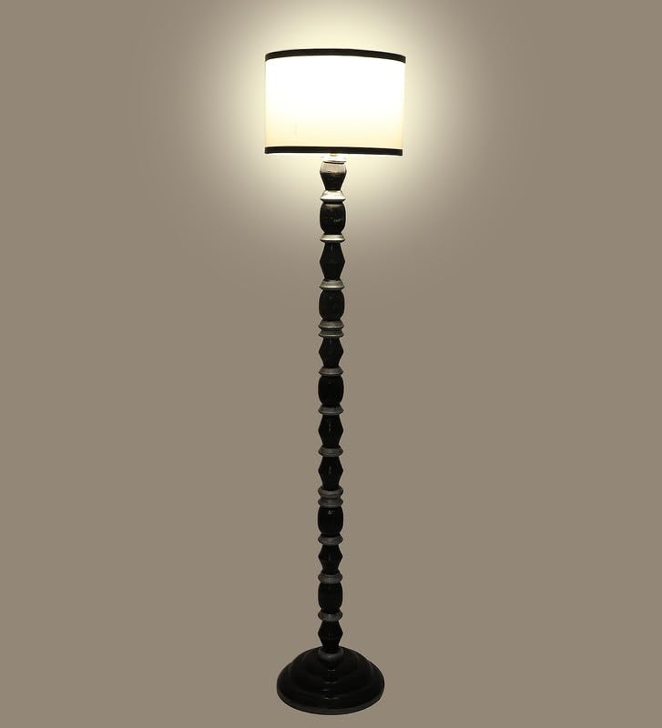 Image of tu casa Mango Wooden Floor Lamps with Black & White Base & Striple Shade for Home Decor, Bedrooms Corner, Living Room, Gifting, Diwali Decoration, Hall, Office (Height: - 56 inch) - Bulb not Included