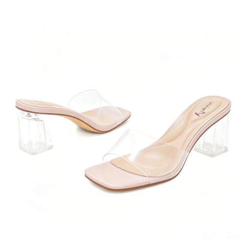 Image of vivianly Women's Low Block Heels Sandal Square Open Toe Chunky High Heels Slip on Heeled Sandals Mules Slide for Party Wedding Dress Shoes