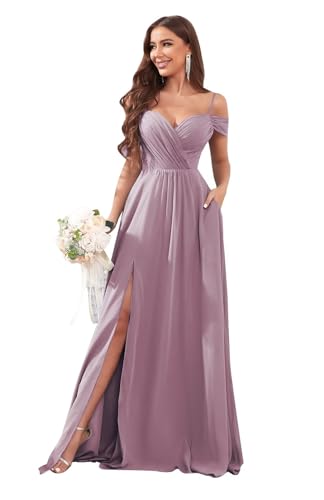 Image of Sukleet Women's Off Shoulder Bridesmaid Dresses Long Slit Chiffon Pleated Evening Formal Dress with Pockets