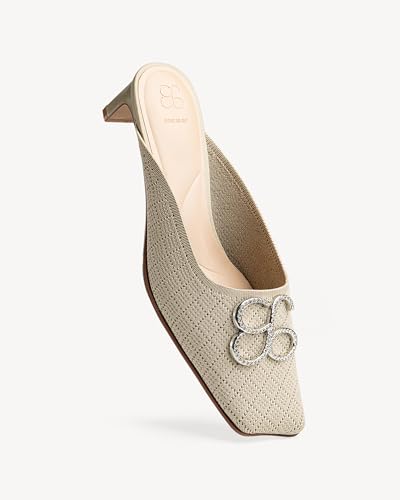 Image of NEWBELLA Women's Square Toe Heeled Mules - Low Heel Slip-On Lightweight Commuter Shoes, Comfortable Fabric Loafers for Office & Casual Wear, Apricot 5