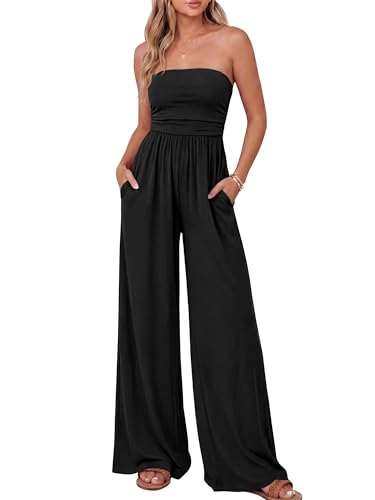 BTFBM Jumpsuits For Women Summer 2026 Beach Vacation Strapless Tube Top Jumpsuit Ruched Casual Wide Leg Pant Rompers(Black Small)