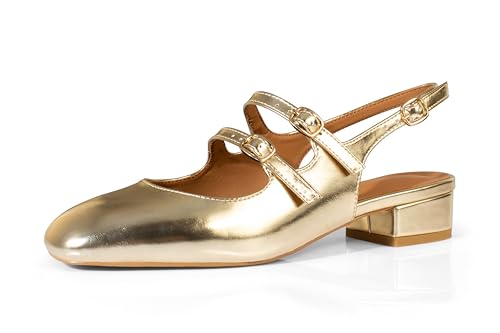 Image of anteikira Women's Round Toe Slingback Flats Closed Toe Double Strap Mary Jane Flats for Women 1 Inch Heel Dress Shoes Low Heel Causal Work Office Pumps for Women Size 5.5-12US