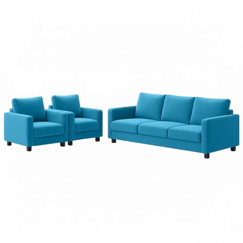 Image of FURNY Haster 5 Seater Premium Velvet Fabric 3+1+1 Sofa Set (Aqua Blue) Durable & Comfortable Ideal for Living Room