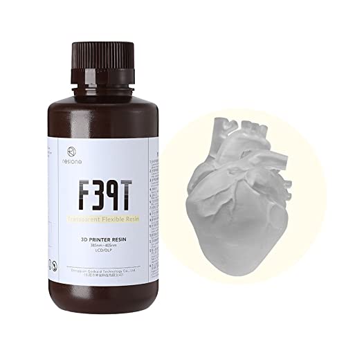 RESIONE F39T Flexible Resin bottle and a transparent flexible 3D printed heart model.