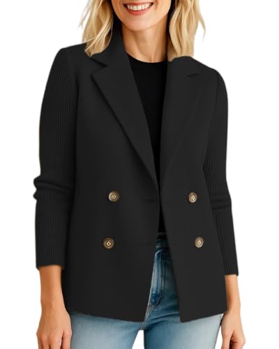 Women's Double Breasted Notch Collar Blazer Business Casual Knit Long Sleeve Outerwear Coat with Pockets