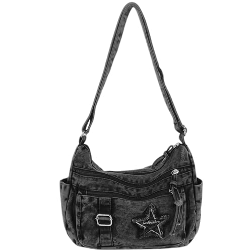 Denim Crossbody Bags for Women Cute Y2k Crossbody Purse Jean Vintage Grunge Bag Multi Pocket Purse with Pockets Cloth Crossbody Handbags Black Cross Body Purse for Women Medium Size