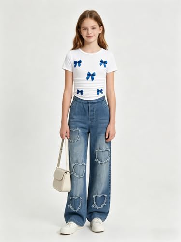 Image of Size 7-14 Years Girls 2 Piece Outfits Bow Short-Sleeved Top and Jeans Pants Clothing Set