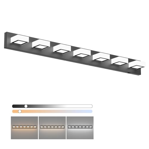 Image of Ralbay 46inch Matte Black Vanity Lights 7 Lights Dimmable 5 Color Temperature Acrylic Modern LED Black Vanity Lighting for Bathroom