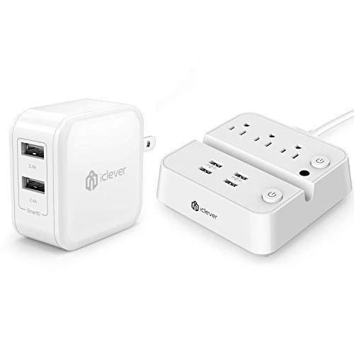 iClever BoostCube 2nd Generation 24W Dual USB Wall Charger with SmartID Technology and Power Strip with USB Charging Station with 3 Outlet 4 USB Ports, 10A 5ft Extension Cord Bundle