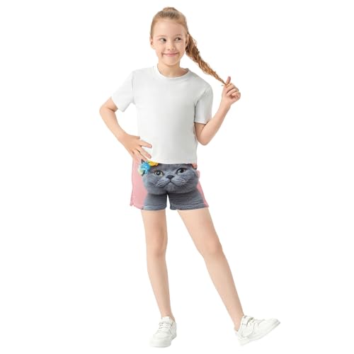 Girls Athletic Shorts Cute Gray Cat Floral Crown Print Colorful Kids Summer Pajama Sleep Gymnastics Shorts, X-Small2