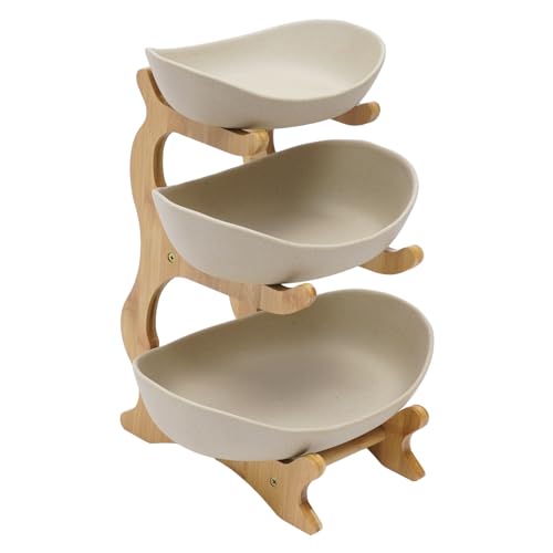 GXFCHYL 3 Tier Ceramic Fruit Bowl for Kitchen Counter Fruit Plate with Bamboo Wooden Frame 3-Tier Brown Fruit Rack Tiered Fruit Basket Vegetables Storage Stand (Brown, Earthy Color)