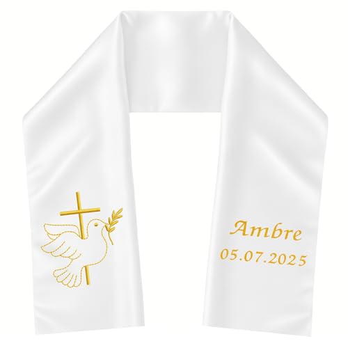 Atelier Fildor Étole de baptême personnalisée – Broderie colombe & croix – Prénom et date – Écharpe satinée blanche faite main (bébé/enfant) –...