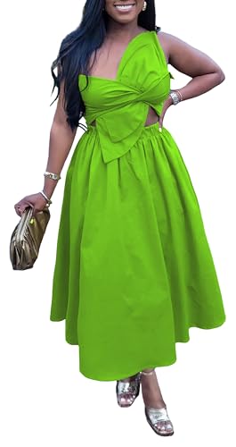 Image of YUEWOO Midi Dresses for Women Casual Summer Sundresses Vacation Outfits Spaghetti Strap Smocked Women Maxi Dress with Pockets