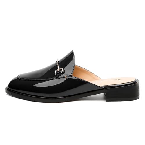 Image of WAYDERNS Mules for Women Slides Loafer Shoes with Low Block Heel Round Closed Toe Comfortable Casual Patent Slip on Backless Loafers Work Business Office Shopping Buckle Mules