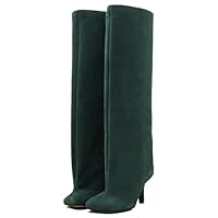 VOZTOLLS Knee High Boots Square Toe Suede Kitten Heel Tall Boots for Women Fashion Dress Fall Womens Long Boots Green Size 10
