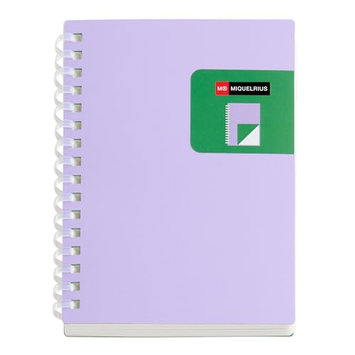 Miquelrius - Cuaderno A6 liso, Cubierta bicolor de polipropileno flexible, 80 hojas de papel marfil de 80 g/m², Espiral transparente de silicona, Malva/Verde