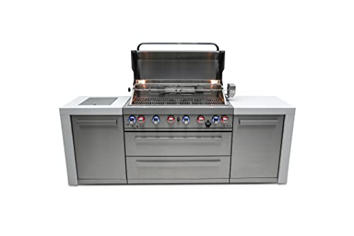Mont Alpi MAi805-D 44-Inch 6-Burner 115000 BTU Stainless Steel Outdoor Kitchen Bar Island Barbecue Gas Grill with Ceramic Infrared Rear & Side Burner + Granite Countertops + Storage Cabinets & Wheels