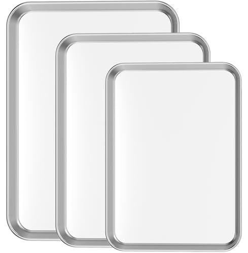 Cookie Sheet Baking Sheet Set of 3, Commercial Grade Stainless Steel Baking Pan, Professional Bakeware Oven Tray, Healthy & Non-toxic, Rust Free & Mirror Finish, Easy Clean & Dishwasher Safe