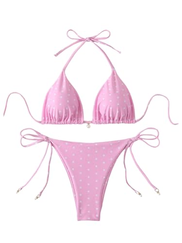 Image of SOLY HUX Women's Polka Dots Print Bathing Suit Halter Triangle Tie Side Bikini Sets Two Piece Swimsuit