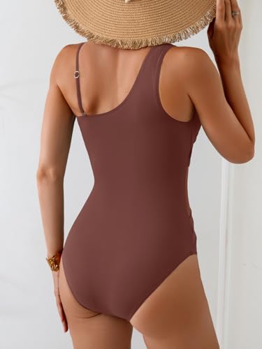 One Shoulder One Piece Swimsuit for Women Mesh Tummy Control Bathing Suit Twist Swimwear with Removable Strap Brown3