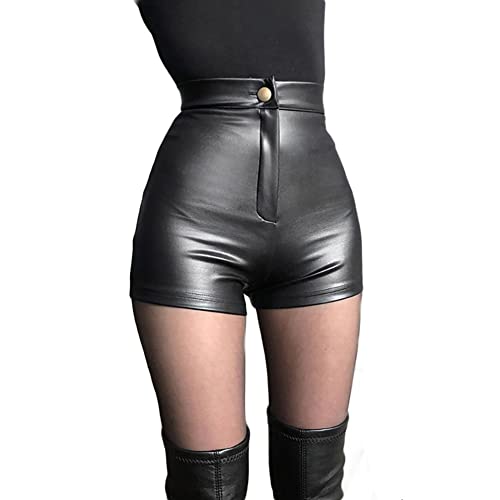 FYMNSI Leder Shorts für Damen Kurz Lederoptik Glanz PU Hose Push Up Kunstleder Hotpants Sexy Hohe Taille Mini Shorts Elastisch Kurze Hose Fasching Rave Tanz Nachtclub Karneval Gogo Clubwear Schwarz M