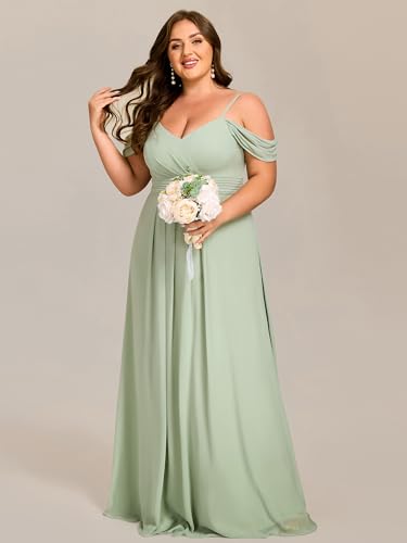 Image of Ever-Pretty Plus Women's V Neck A Line Off Shoulder Sleeveless Chiffon Pleated Floor Length Plus Size Bridesmaid Dresses