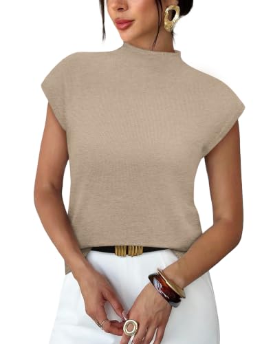 Summer Tops for Women 2026 Trendy Business Casual Outfits Dressy Mock Neck Sweater Cashmere Turtleneck Tops Cute Short Sleeve Shirts Spring Clothes Ladies Work Blouses Apricot L