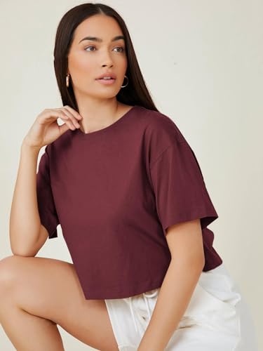 Image of KOTTY Women's Solid Cotton Blend Oversized Crop T-Shirt | Casual Summer Tee
