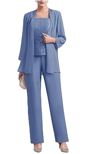 3 piezas de gasa madre de la novia pantalones trajes de encaje corpiño boda invitada traje formal vestido de noche, azul, 52